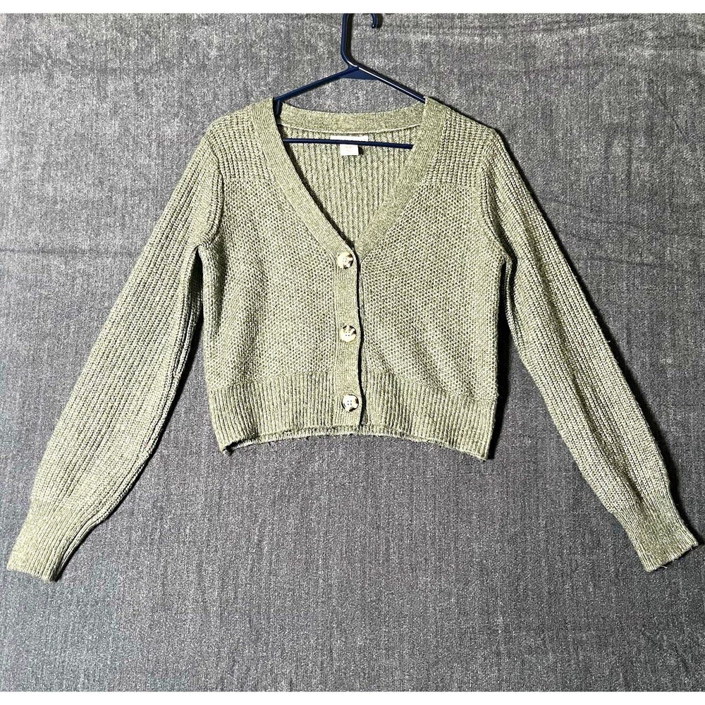 Sincerely Jules Womens Sweater S Green V-Neck Rib Knit Button Crop Cardigan